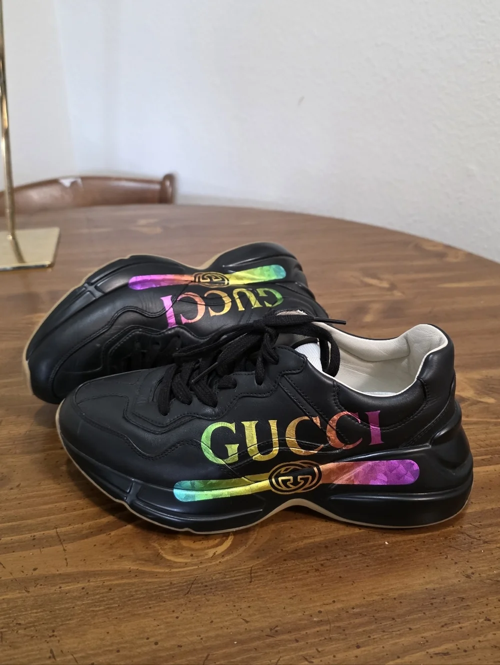 Gucci Rython Womens 7.5 Black Leather Sneaker Rainbow Logo Accent With C.O.A.